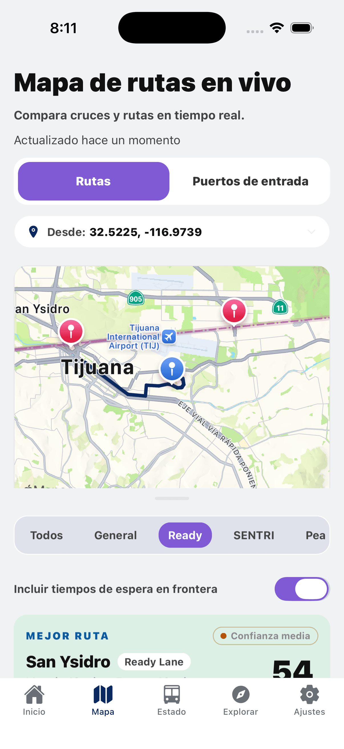 Mapa de rutas en vivo de Tijuana Unlocked con rutas fronterizas y contexto de las garitas compatibles