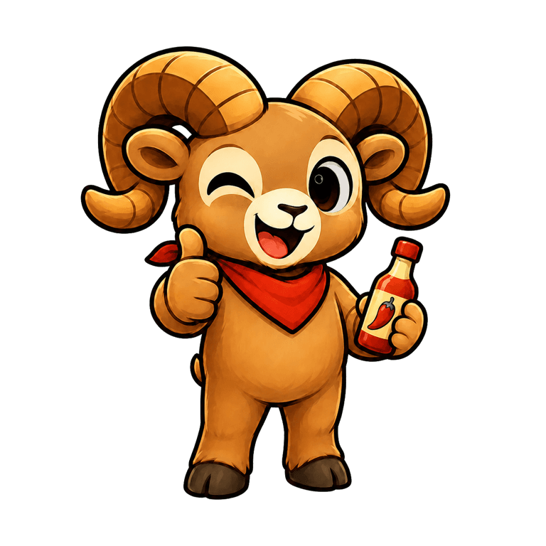Tijuana Unlocked ram mascot giving a thumbs-up and holding hot sauce