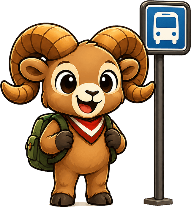 Tijuana Unlocked ram mascot wearing a backpack beside a bus stop sign
